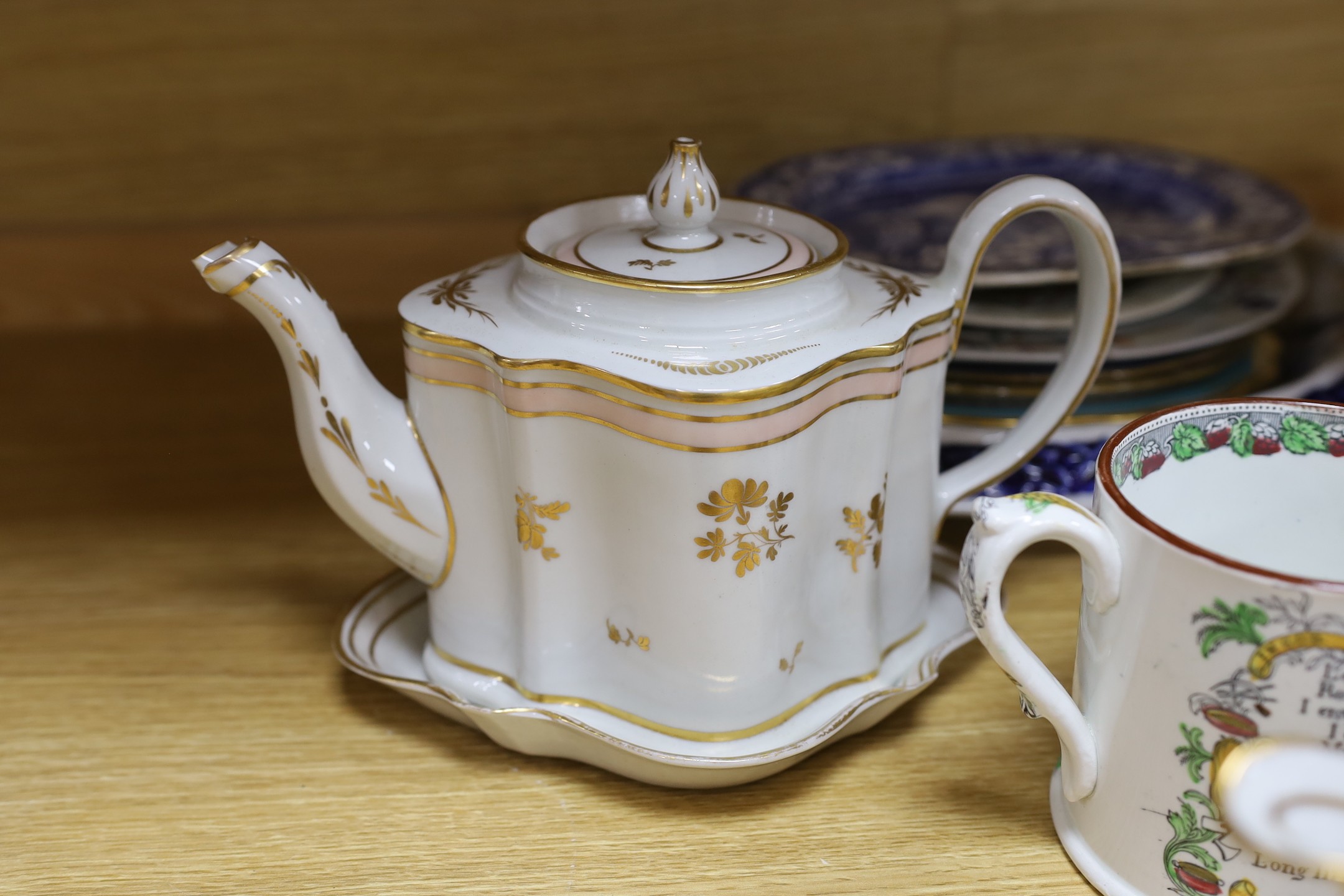 A 19th century Harvest jug and mug, a Victorian gilt tea set and mixed plates and a platter, jug 19 cms high.